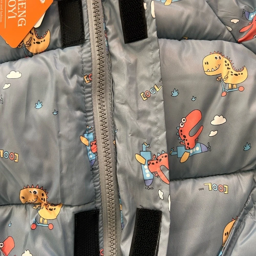 NWT Sheng Boyi Dinosaur Puffer Jacket - w Hood Gray with Colorful Prints  Size M